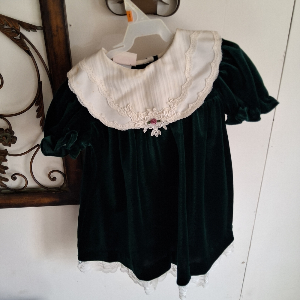 Green Velvet Baby Dress with White Collar